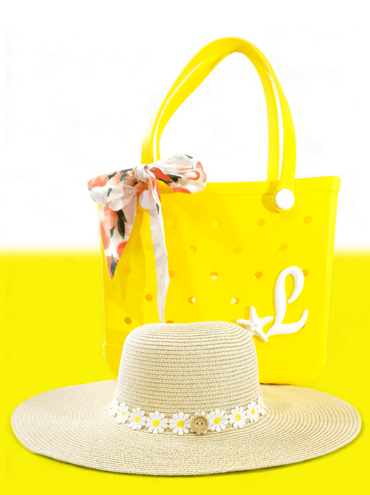 Combo de Playa Sunny Summer – Bolsa de Goma Personalizada + Sombrero Boho